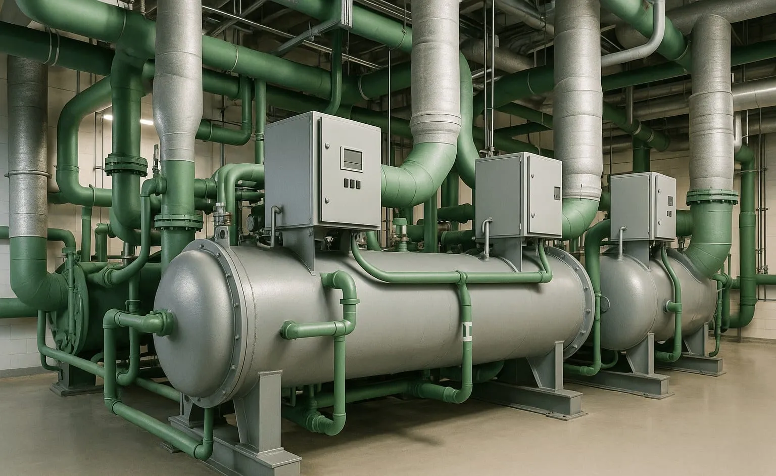 Absorptiekoelinstallatie met leidingwerk in een industriële omgeving
