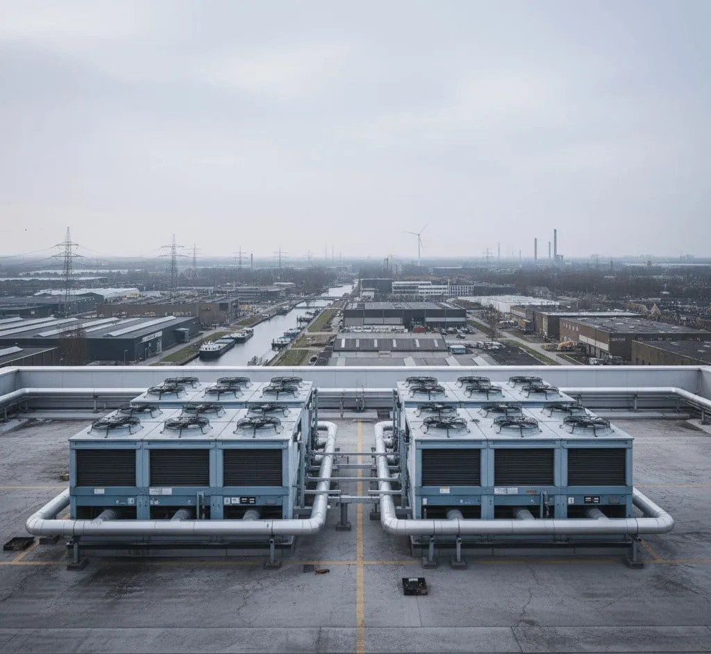 Luchtgekoelde koelunit op een stalen frame in een hal
