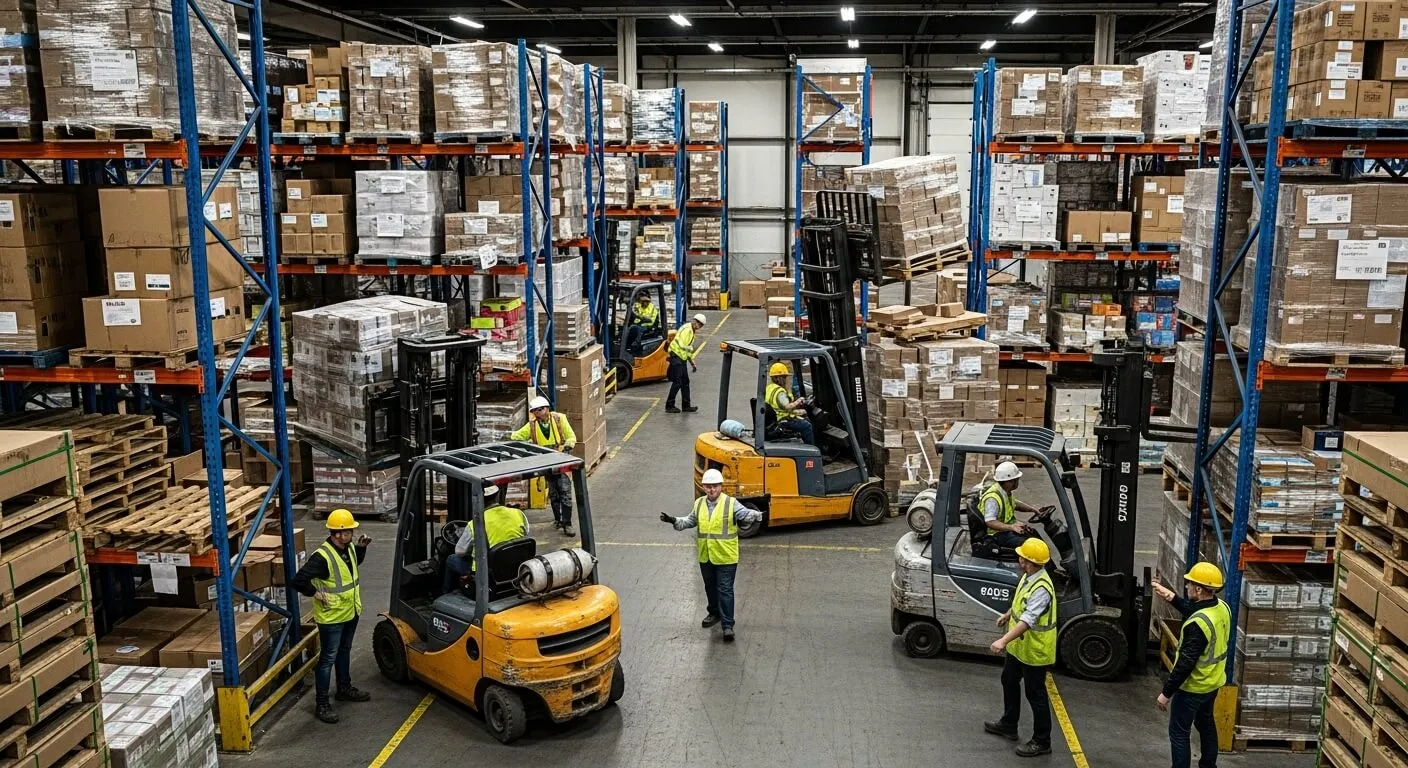 Forklifts and staff working in a busy aisle between loaded pallet racking runs