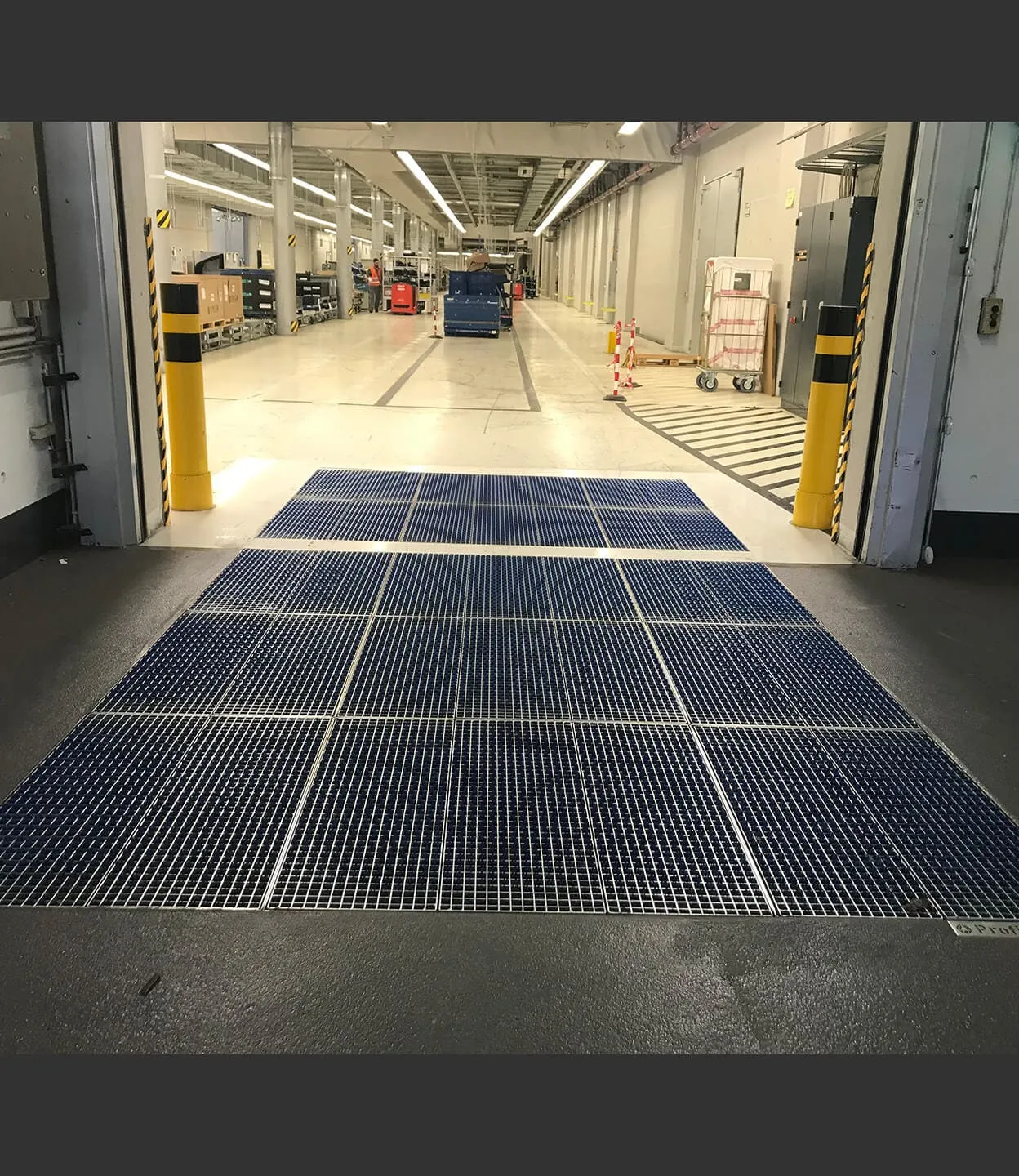 Wide brush cleaning field spanning the doorway into a production hall