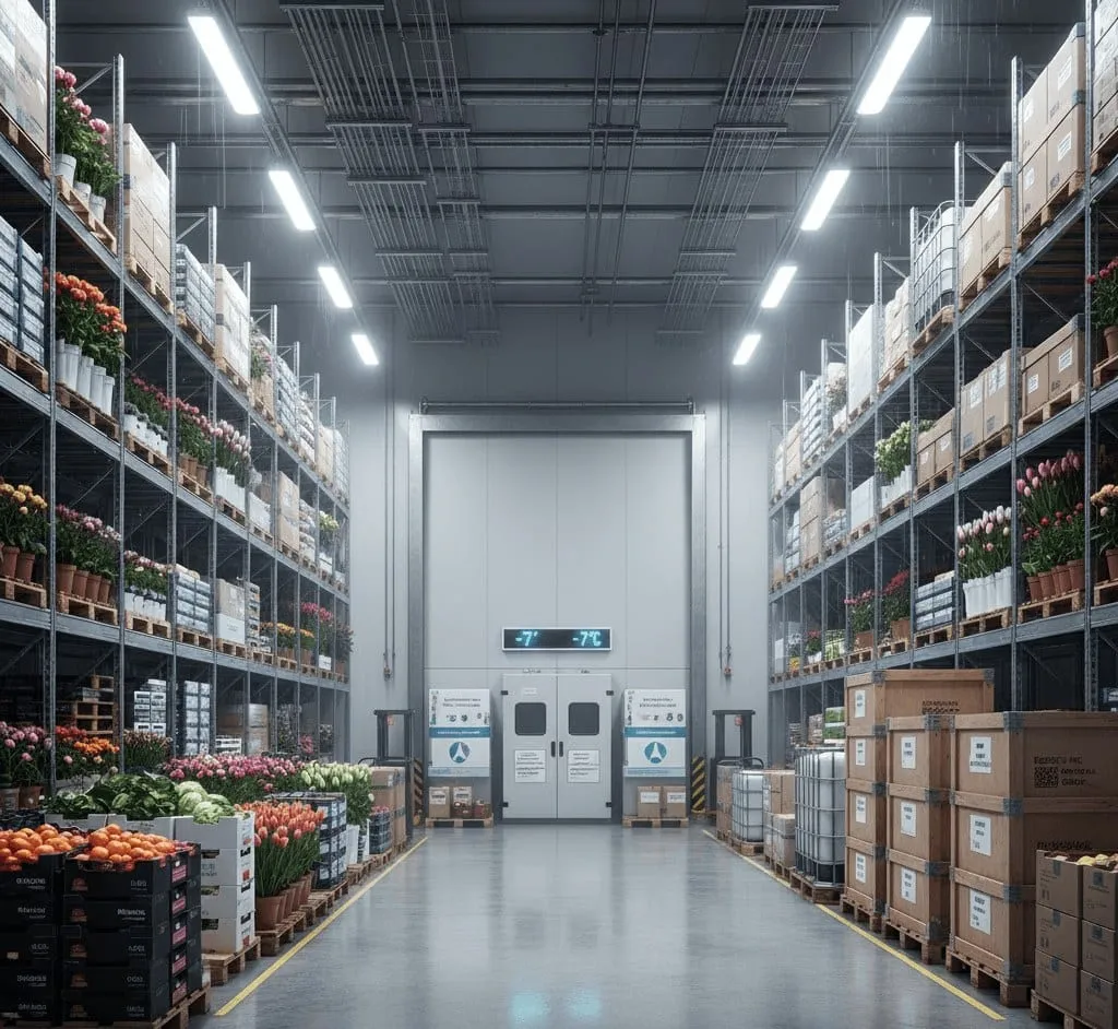 Gang in een grote koelcel met pallets verse producten aan weerszijden
