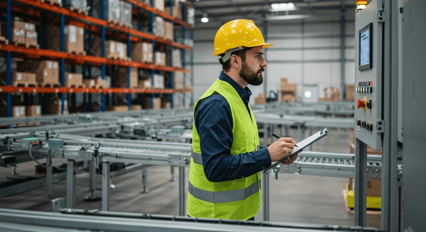 Engineer with a clipboard running checks at the control panel of a conveyor line