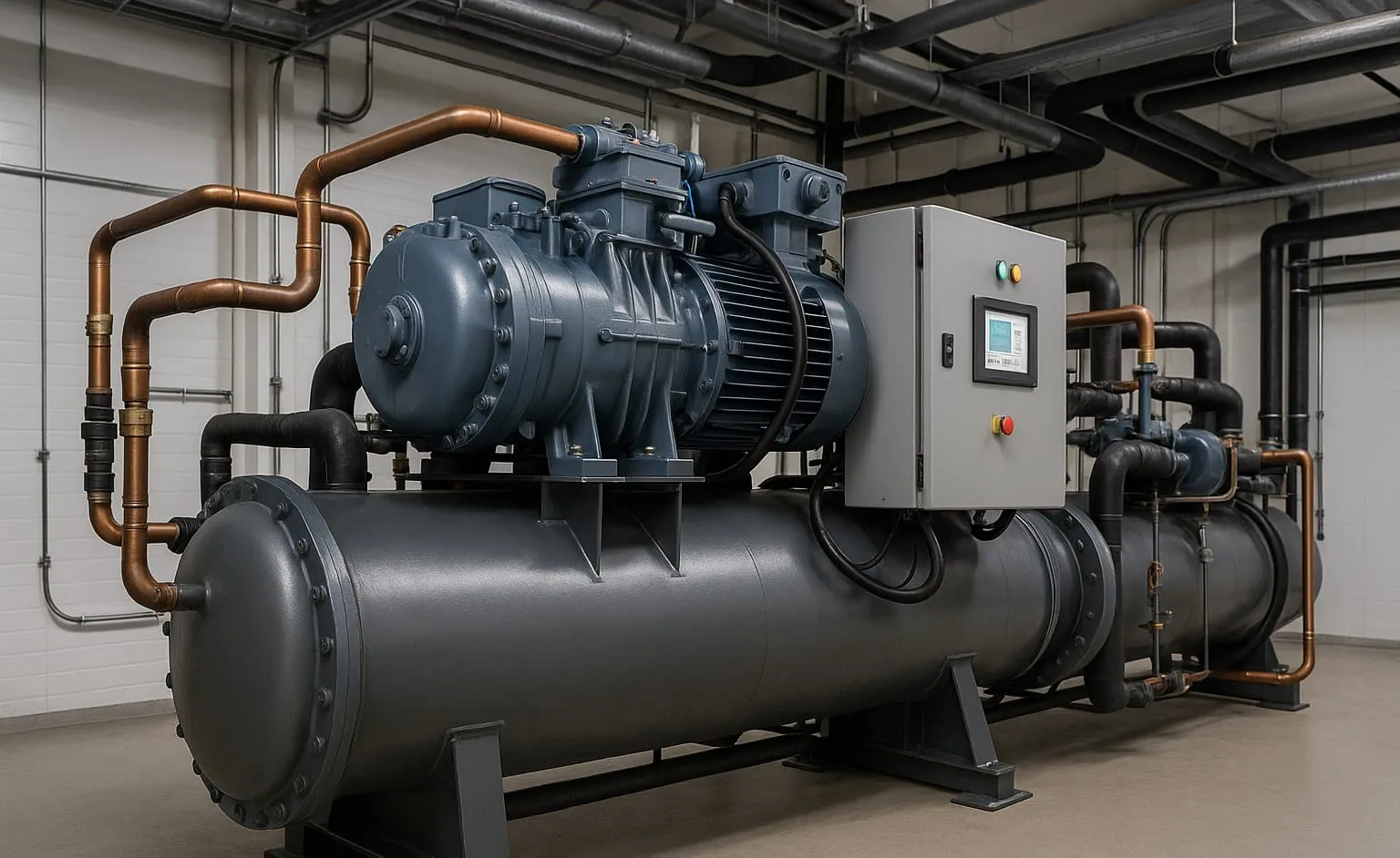 Compressorunit van een industriële koelinstallatie in een productiehal