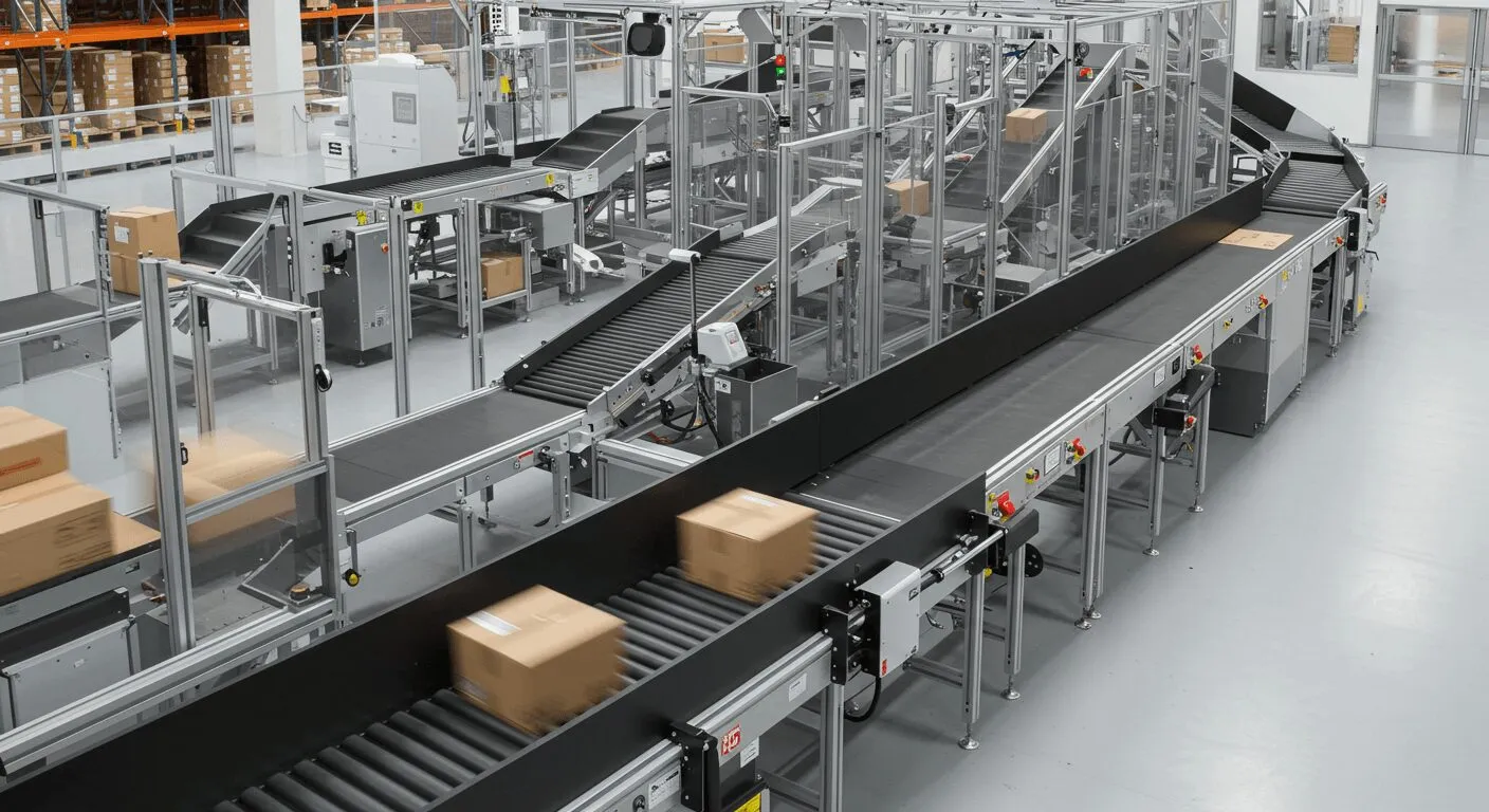 Förderstrecke mit Kartons in einer automatisierten Sortieranlage