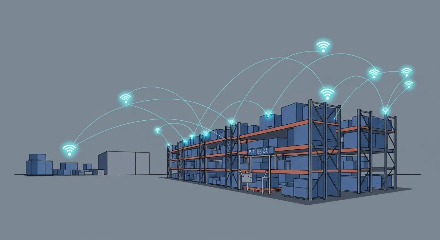 Schematische Darstellung vernetzter Sensoren über einer Lagerhalle