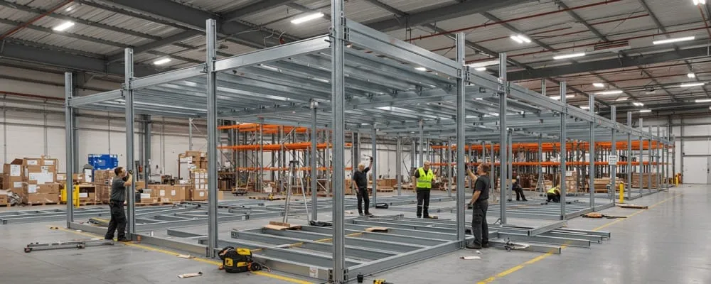 Monteure bauen das verzinkte Stahlskelett einer modularen Lagerbühne auf