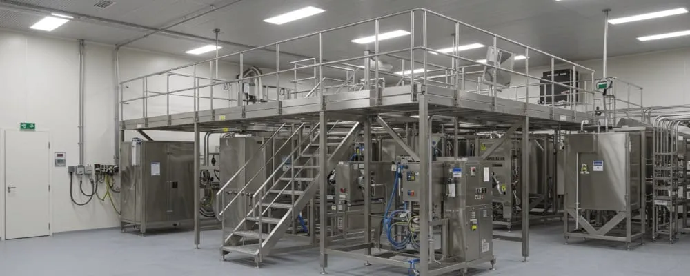 Edelstahlbühne über Prozessanlagen in einem hygienisch ausgeführten Produktionsraum