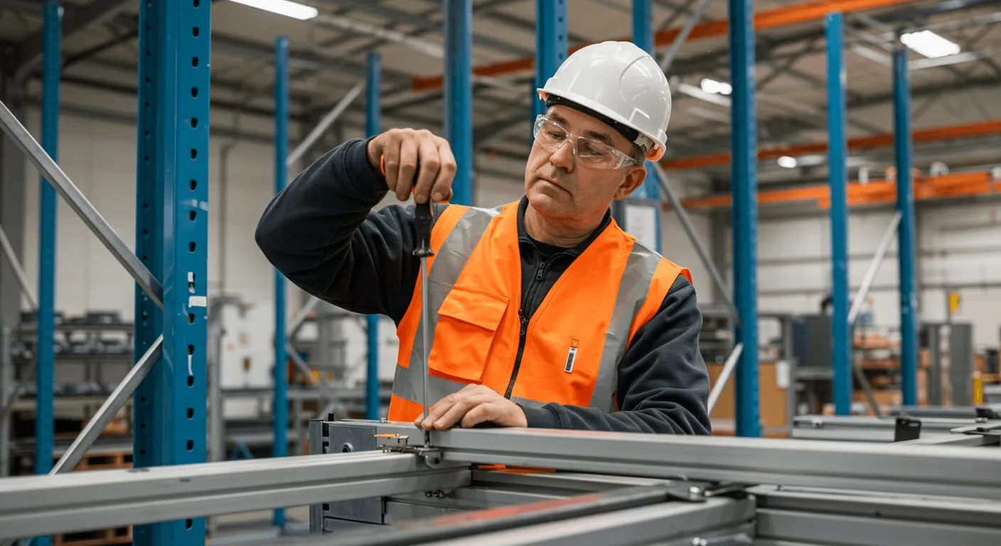 Fitter unbolting a racking beam with a spanner inside a warehouse