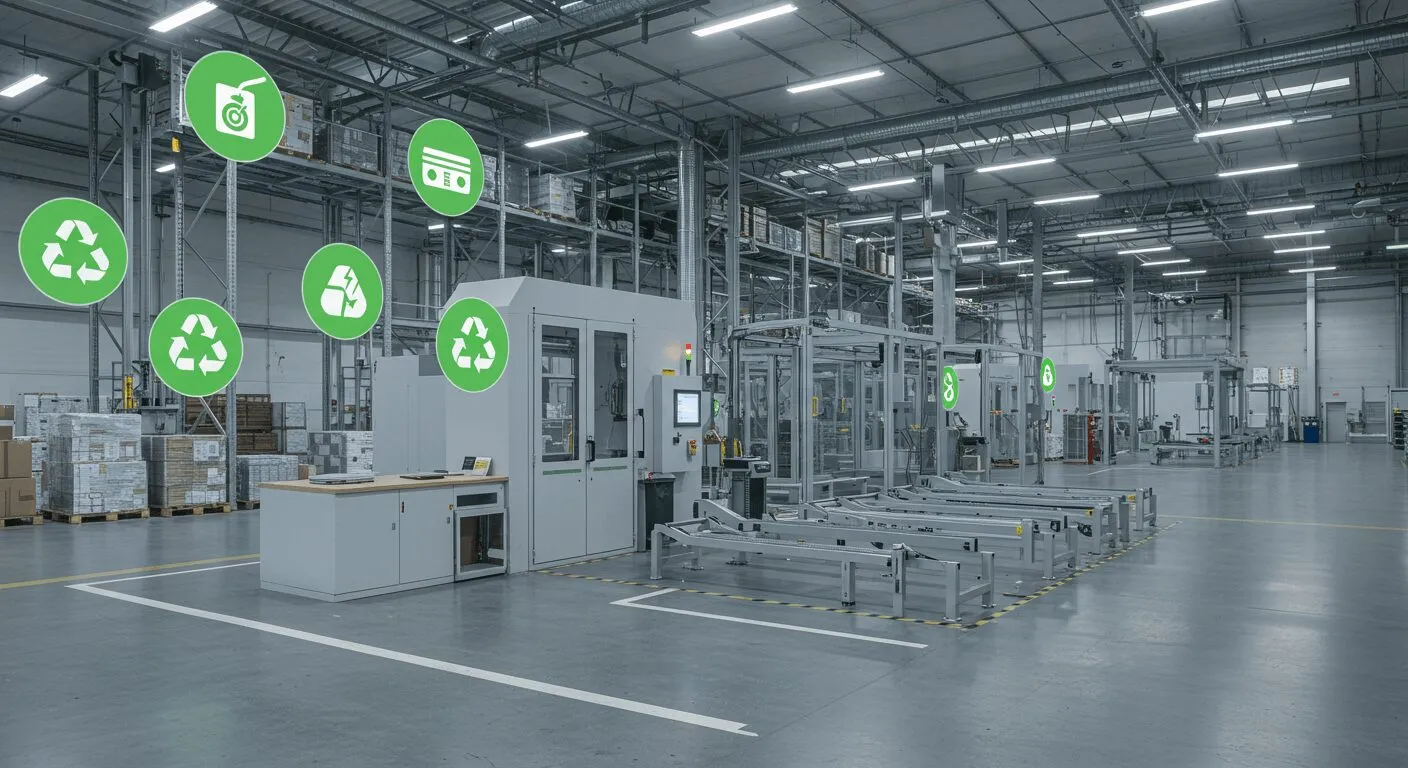 Automatisierte Fertigungs- und Förderanlage in einer aufgeräumten Halle