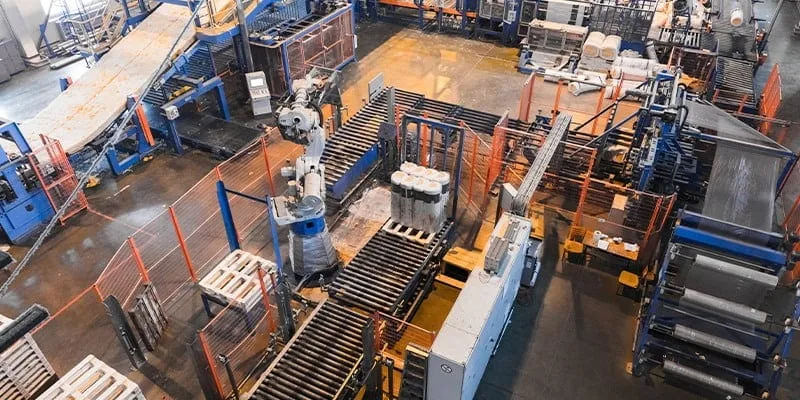 Overhead view of a factory floor with machinery, gangways and vehicle routes between them