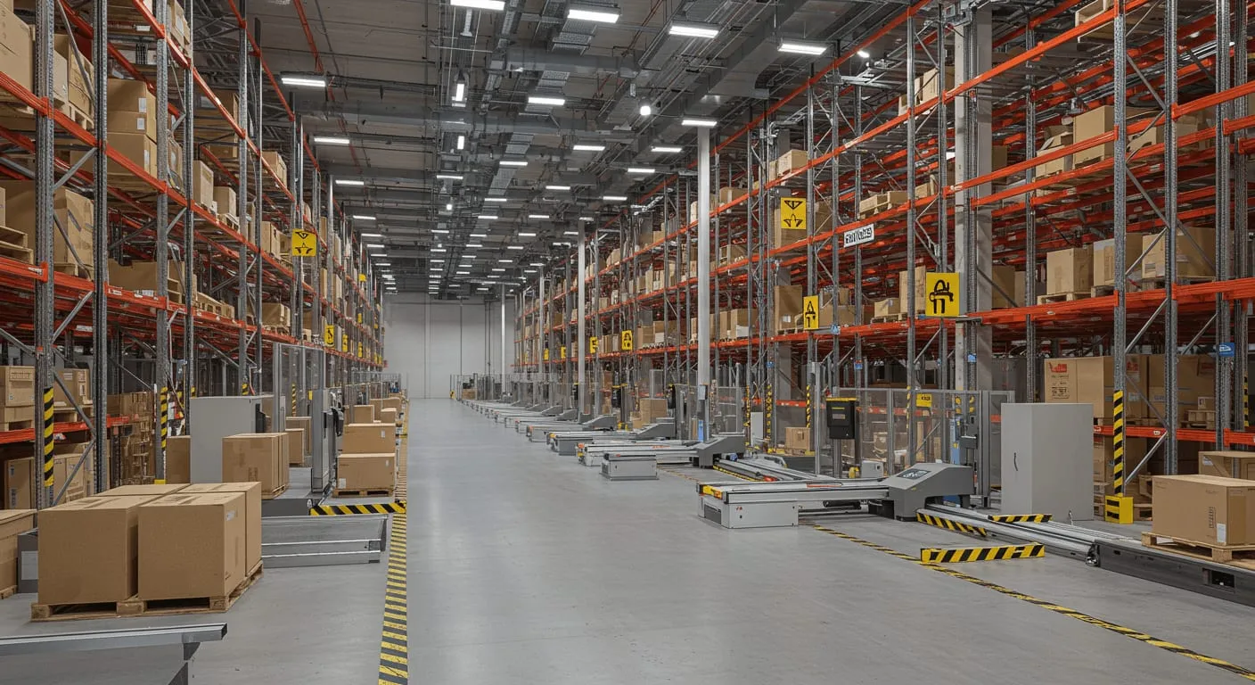 Fitted-out distribution centre with pallet racking, LED lighting, aisle signage and marked floor lanes