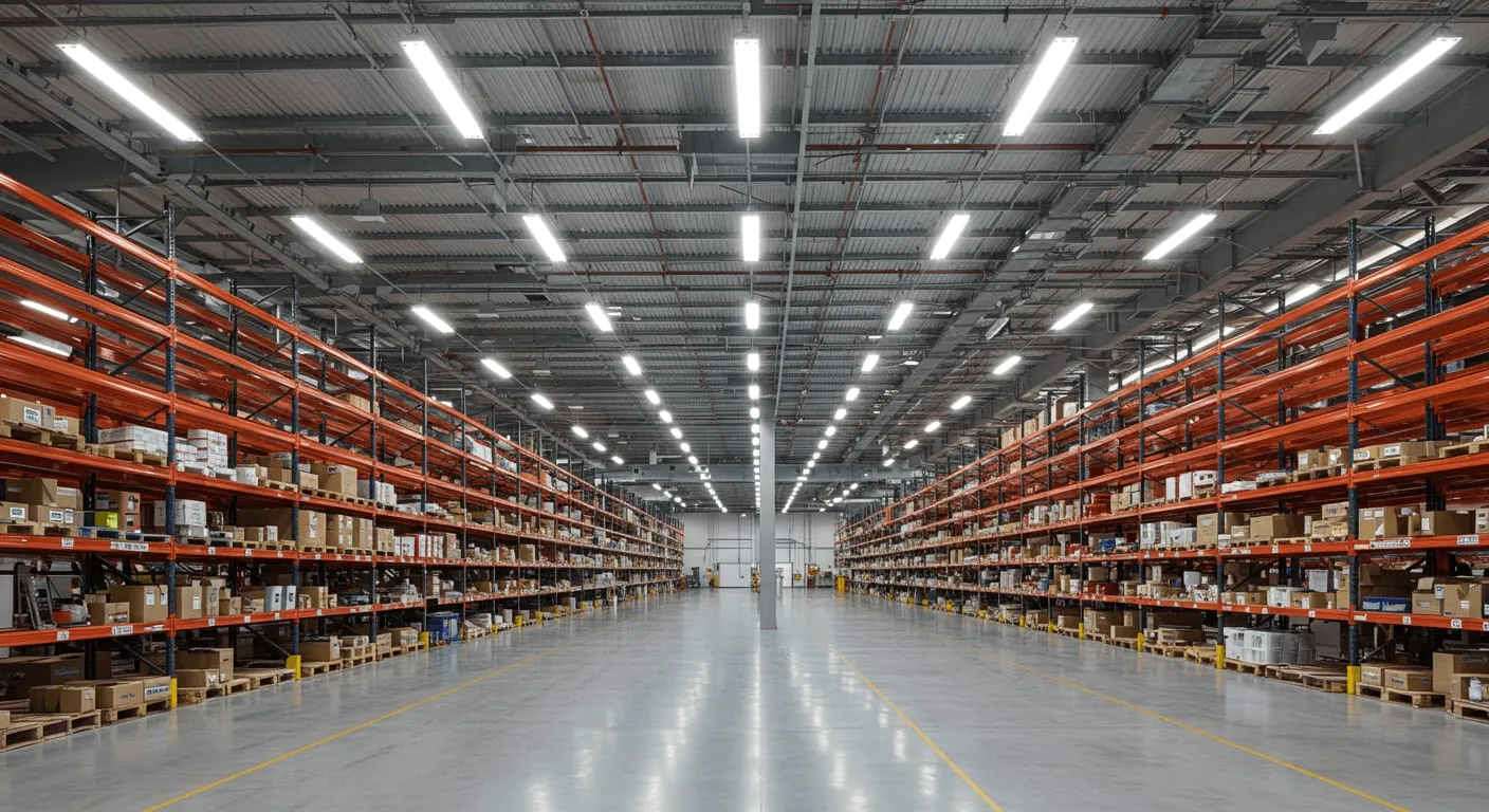 Linear LED fittings running the length of a warehouse over aisles of loaded pallet racking