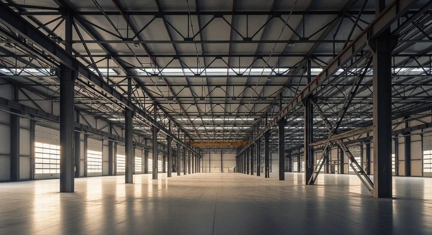 Empty industrial warehouse shell with steel roof structure and a polished concrete floor before fit-out