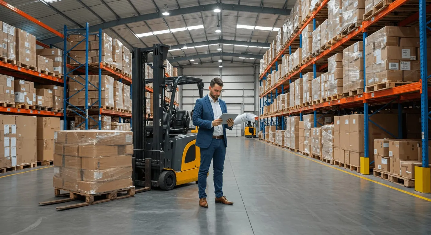 Project manager checking a move plan on a tablet in a stocked warehouse aisle beside a forklift