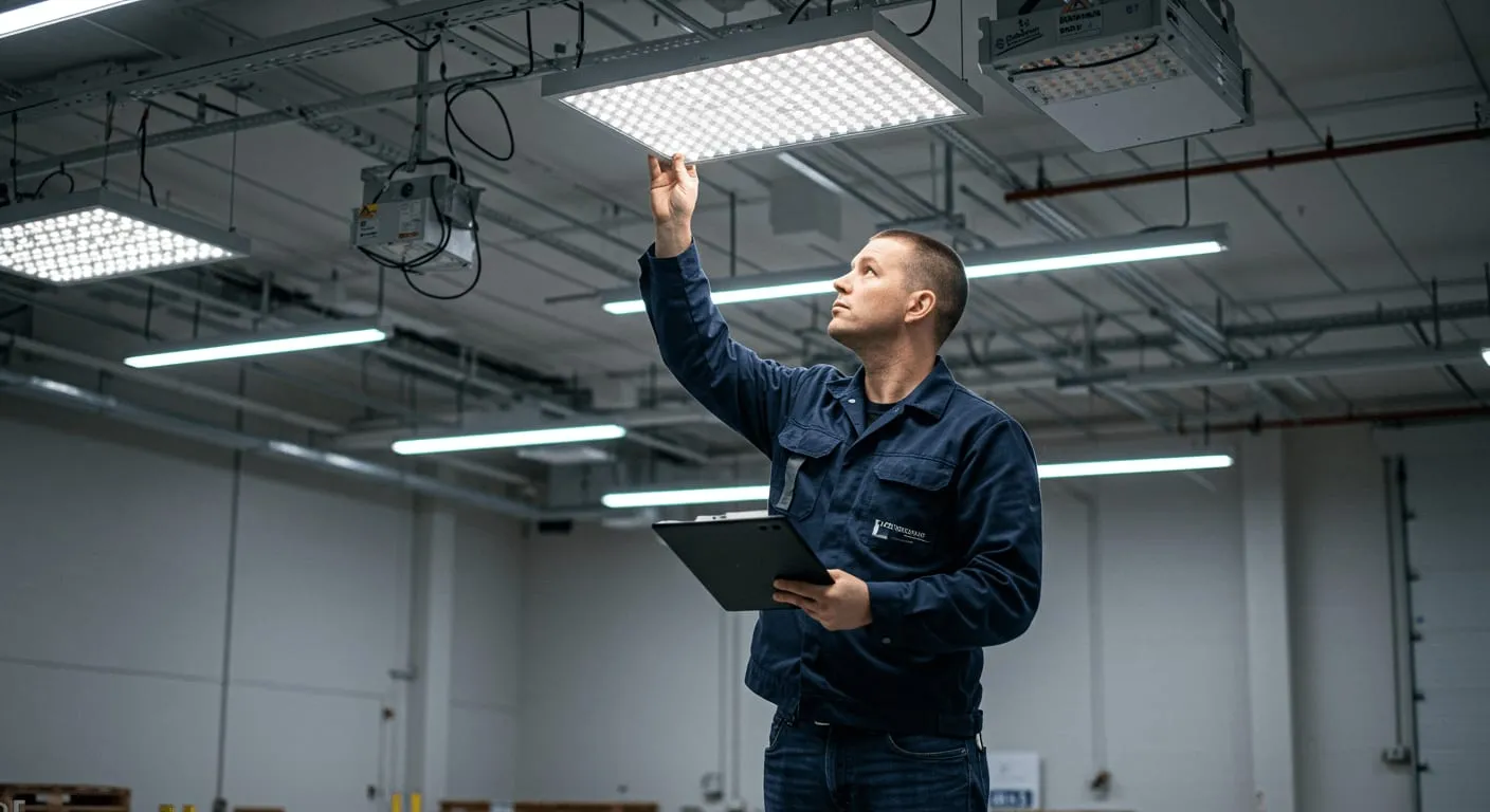 Technician checking an LED panel fitting overhead with a tablet in hand