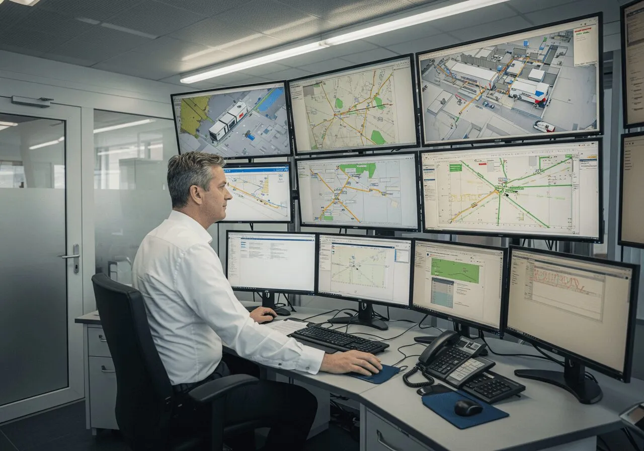 Werkplek met meerdere schermen waarop logistieke overzichten staan