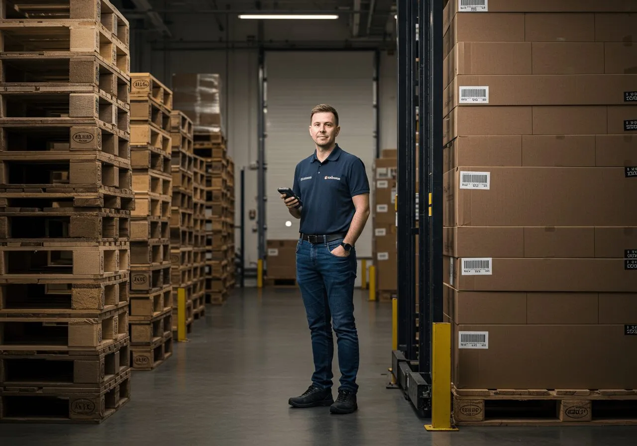 Medewerker tussen gestapelde pallets met kartons in een distributiecentrum