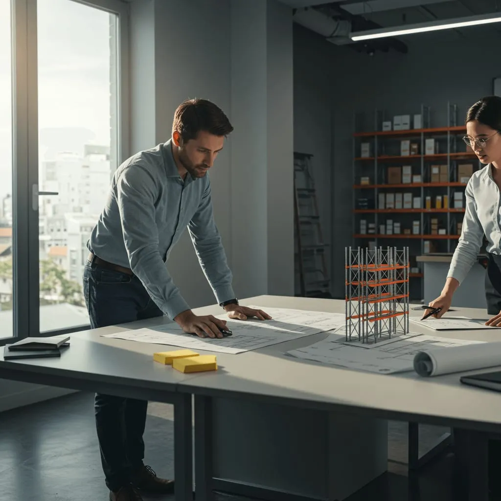 Two planners working over warehouse drawings and a racking model on a drawing table
