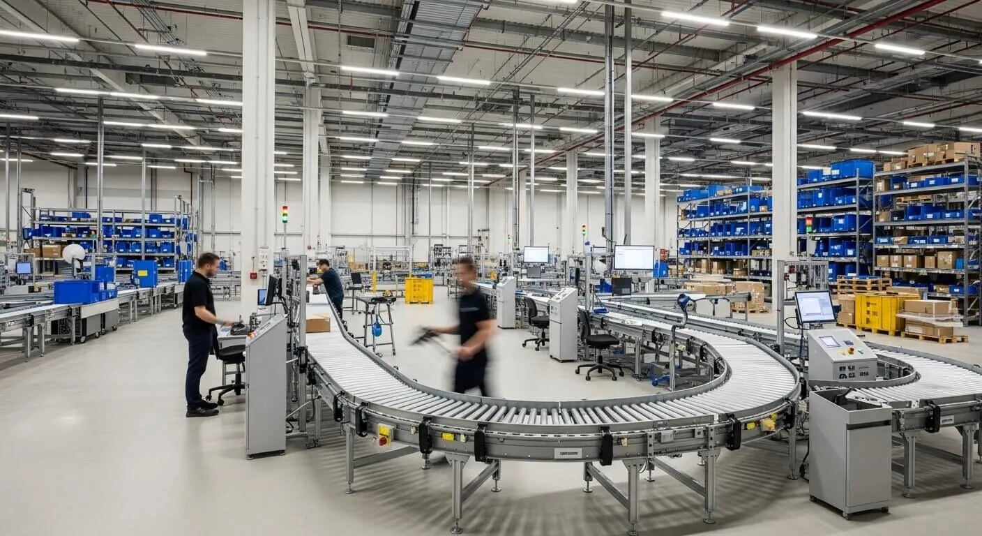 Kommissioneerwerkplekken langs een transportbaan in een magazijn
