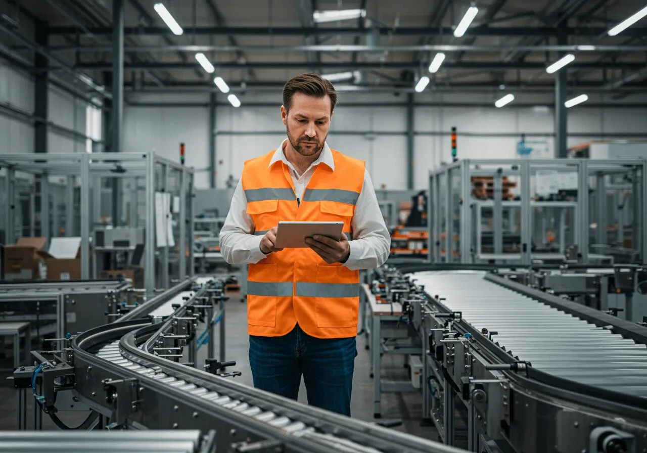 Medewerker met tablet langs een productie- en verpakkingslijn