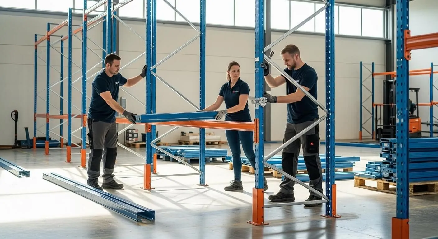 Monteurs die een ligger van een palletstelling op hoogte plaatsen