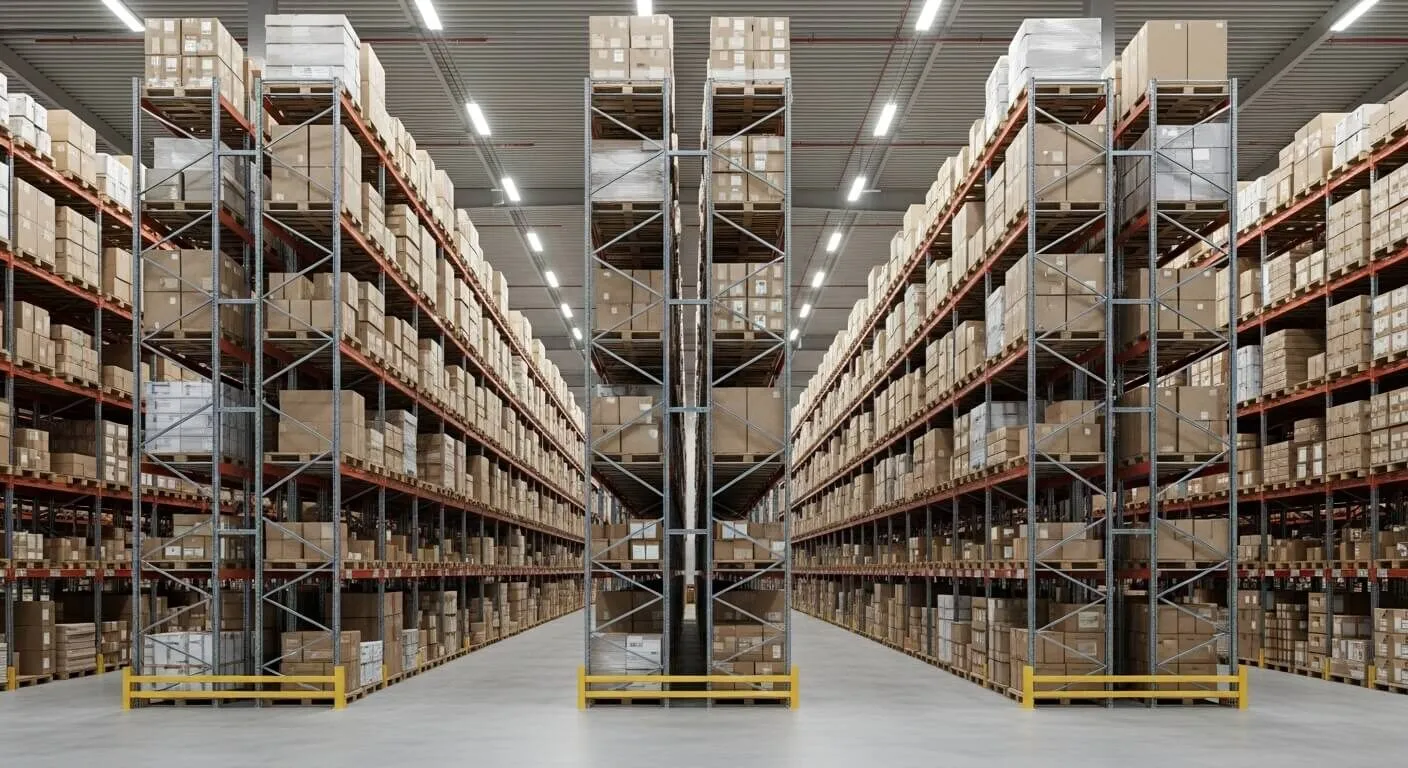 Magazijngang met hoge palletstellingen en gestapelde kartons