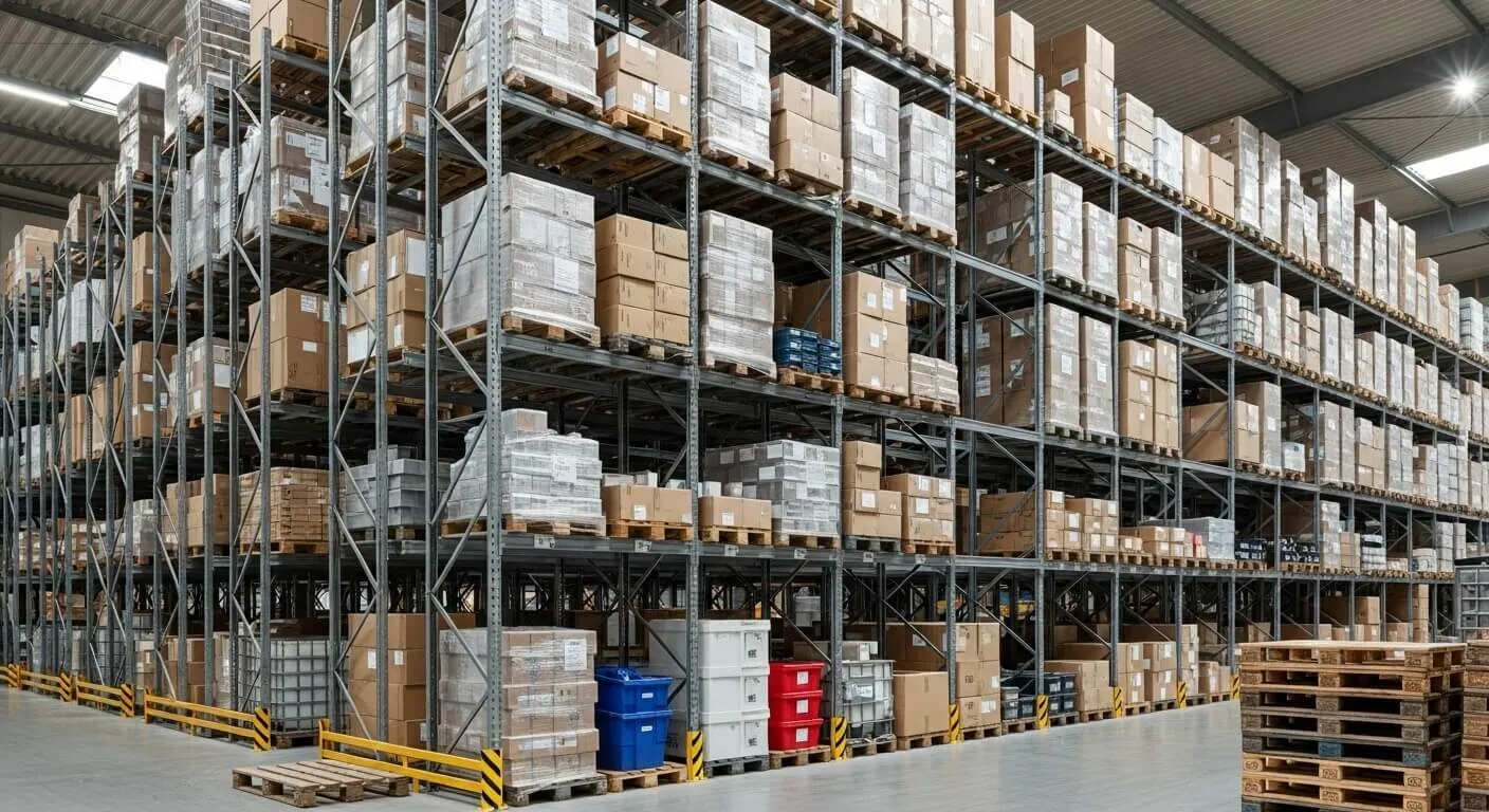 Hoge palletstellingen met kartons langs een lange magazijngang