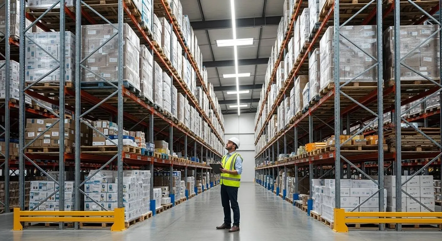 Magazijngang met tweedehands palletstellingen en medewerker in veiligheidshesje