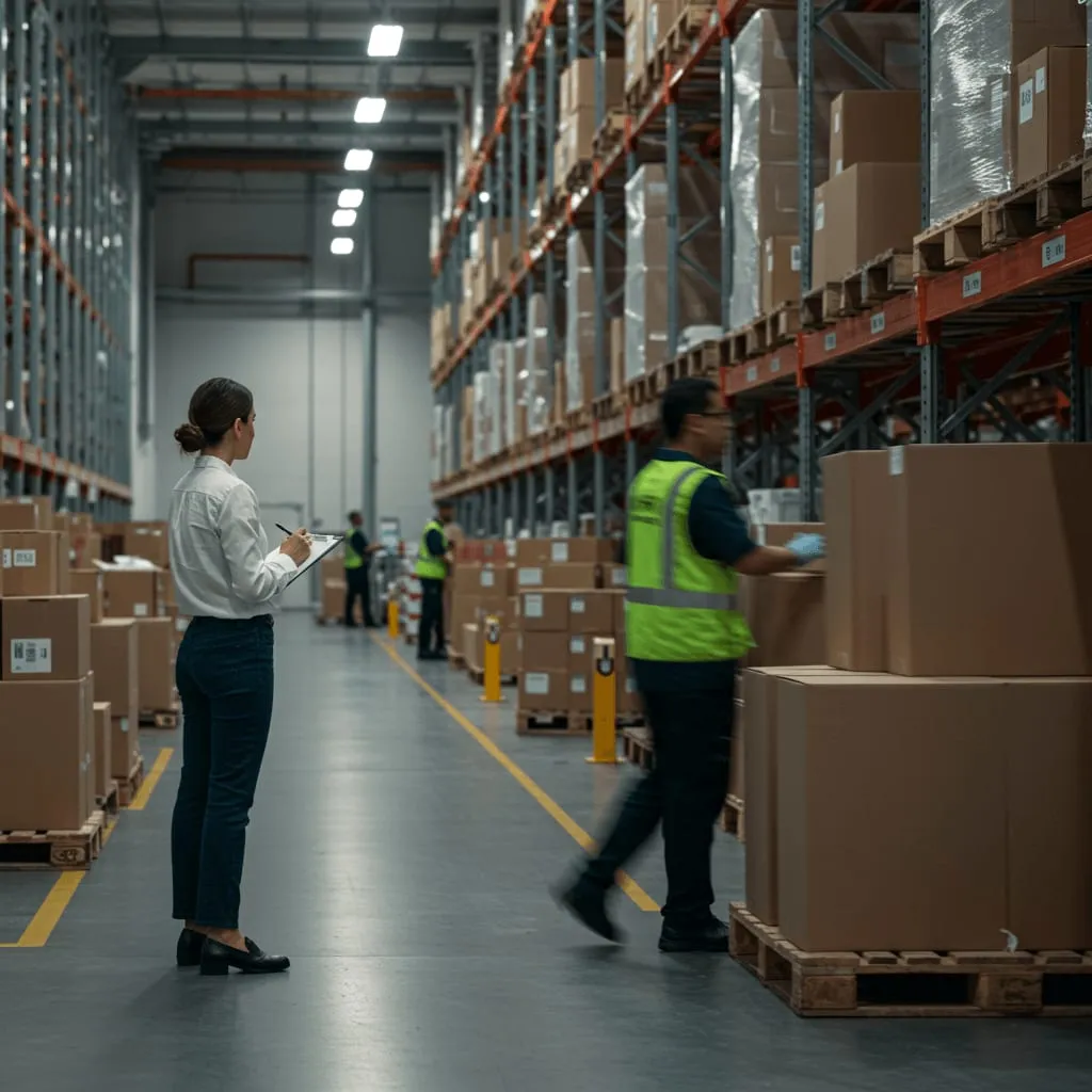Consultant observing picking work from the main aisle of a busy warehouse