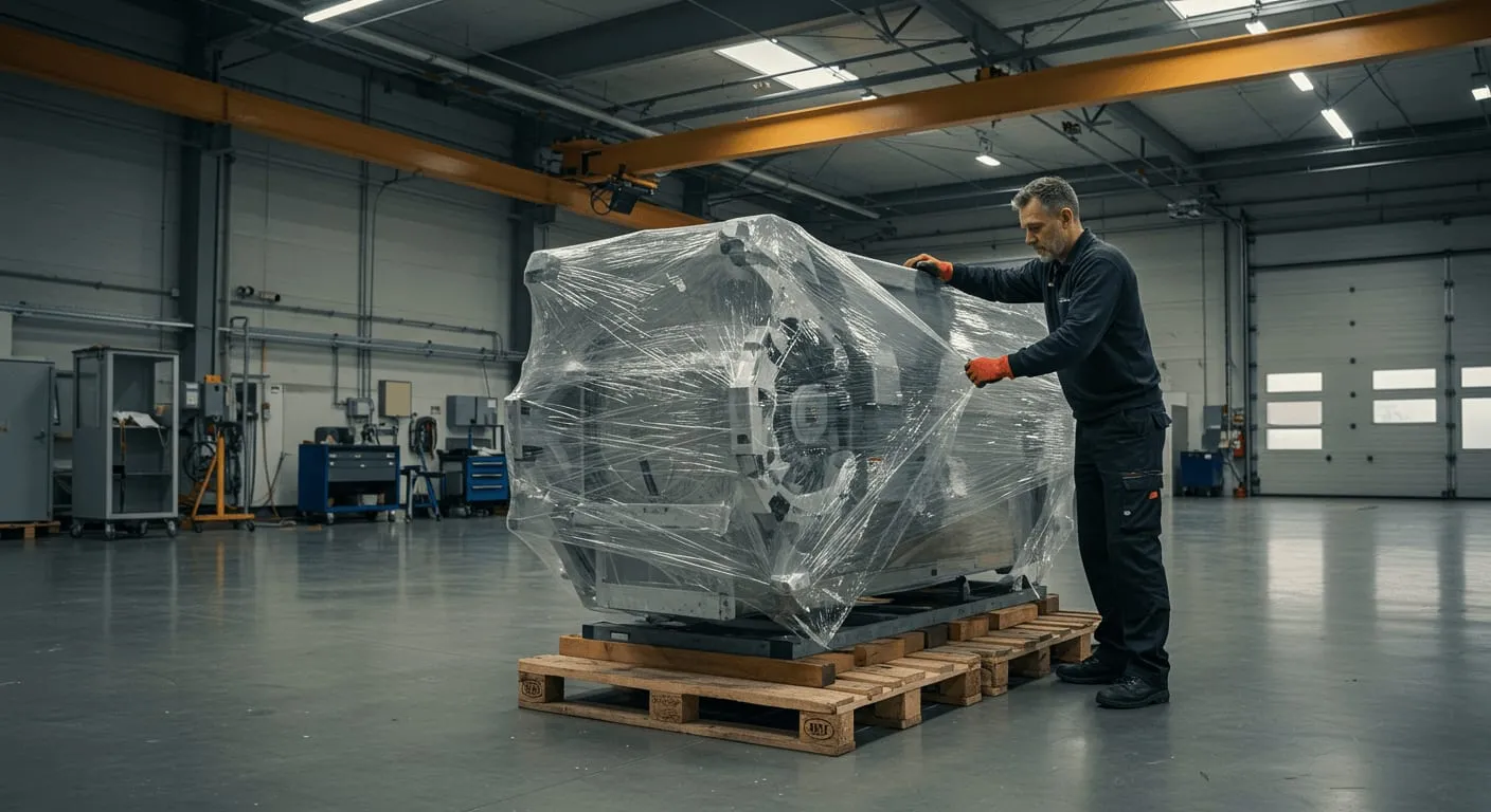 Techniker sichert eine in Folie verpackte Maschine auf Holzpaletten