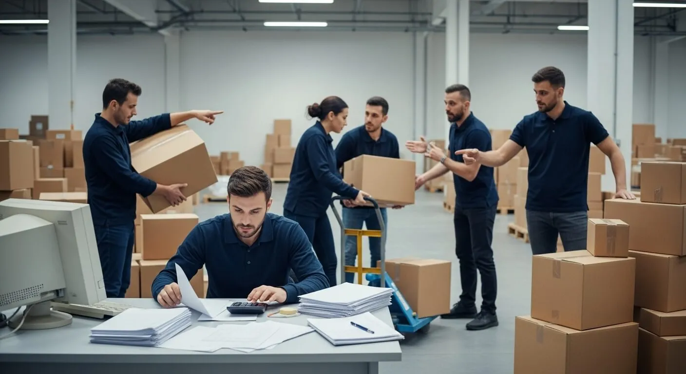 Warehouse team going through drawings and figures at a table beside stacked cartons