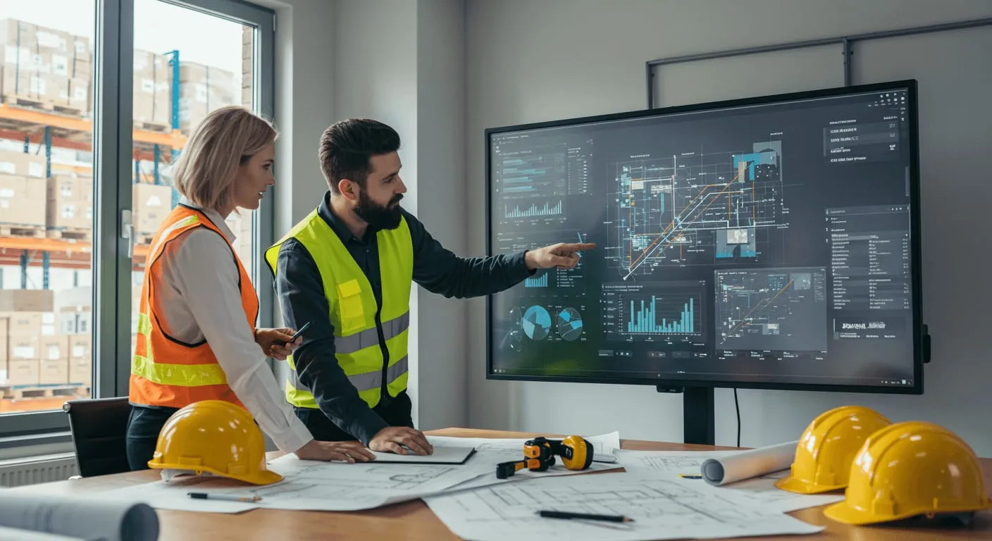Two planners going through a warehouse layout on screen with drawings on the table