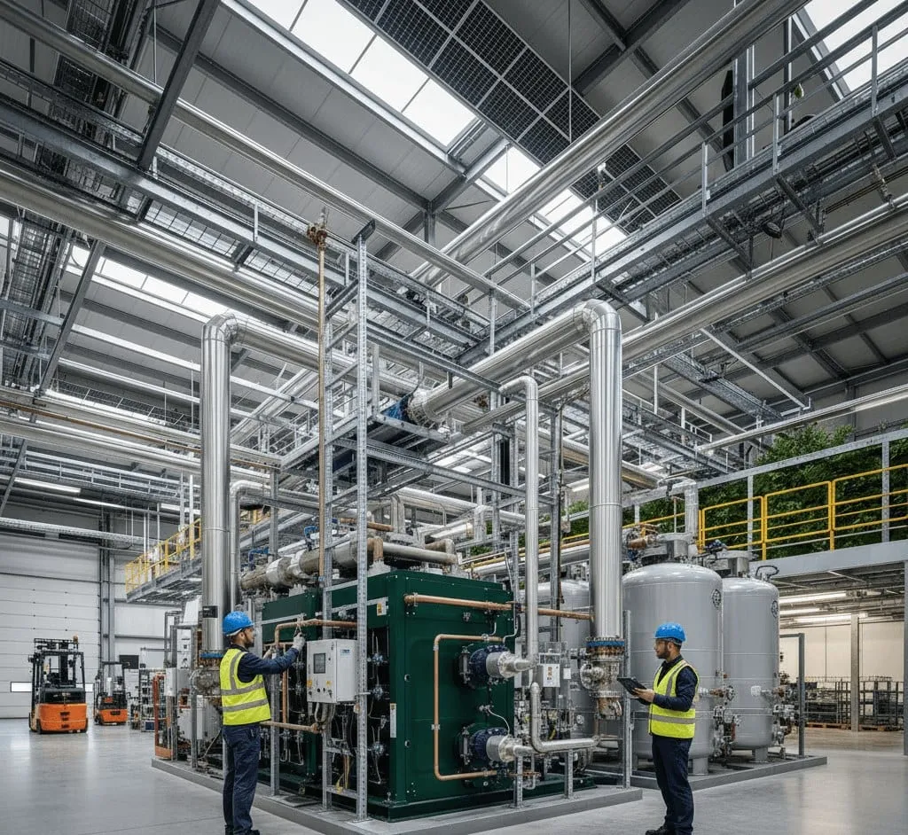 Monteurs die een industriële koelinstallatie in een productiehal opbouwen