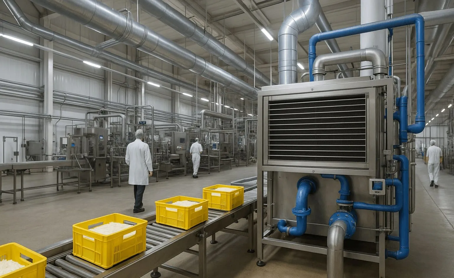Proceskoelinstallatie naast een productielijn in een fabriekshal