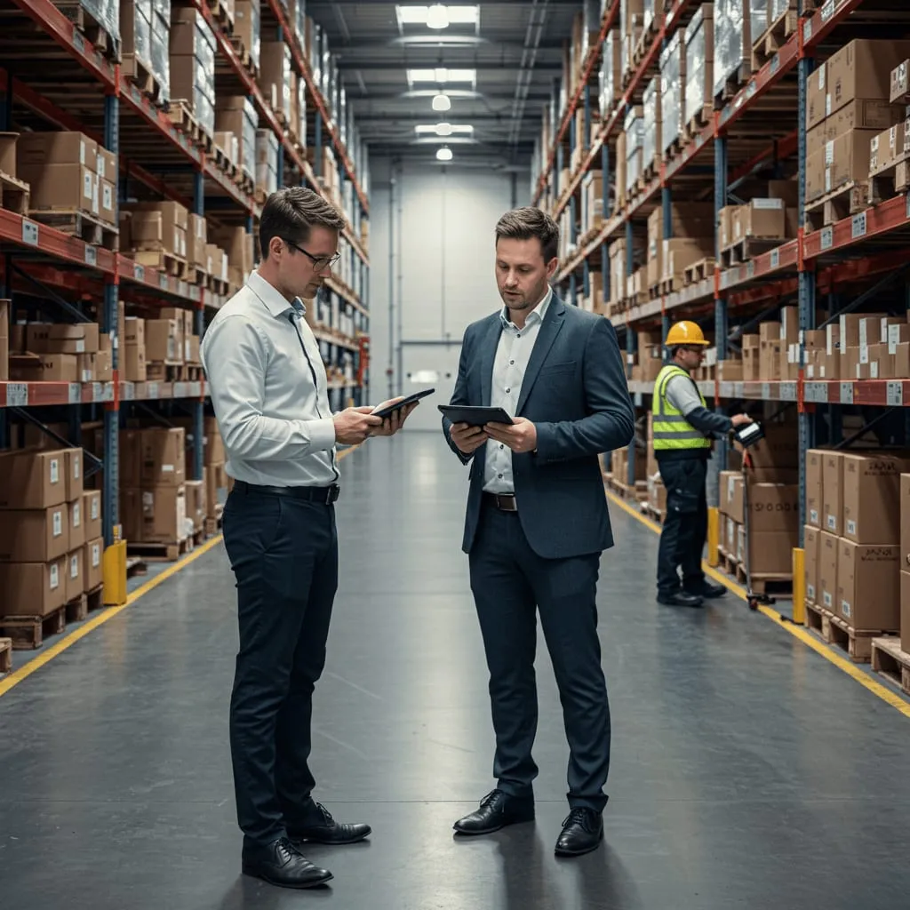 Two managers reviewing warehouse systems on a tablet in the main aisle of a distribution centre