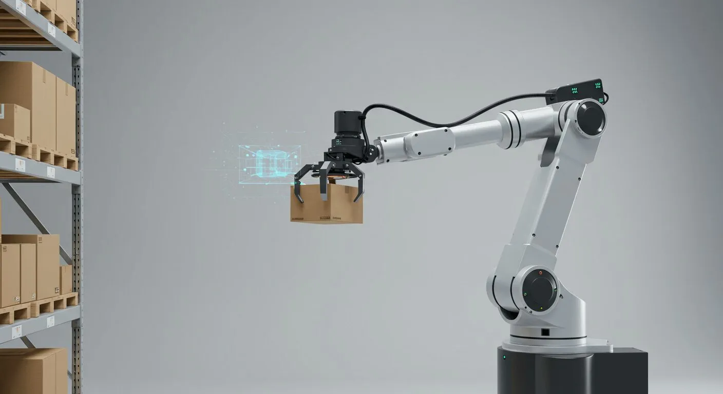 Robotergreifer, der einen Karton von einer Palette aufnimmt