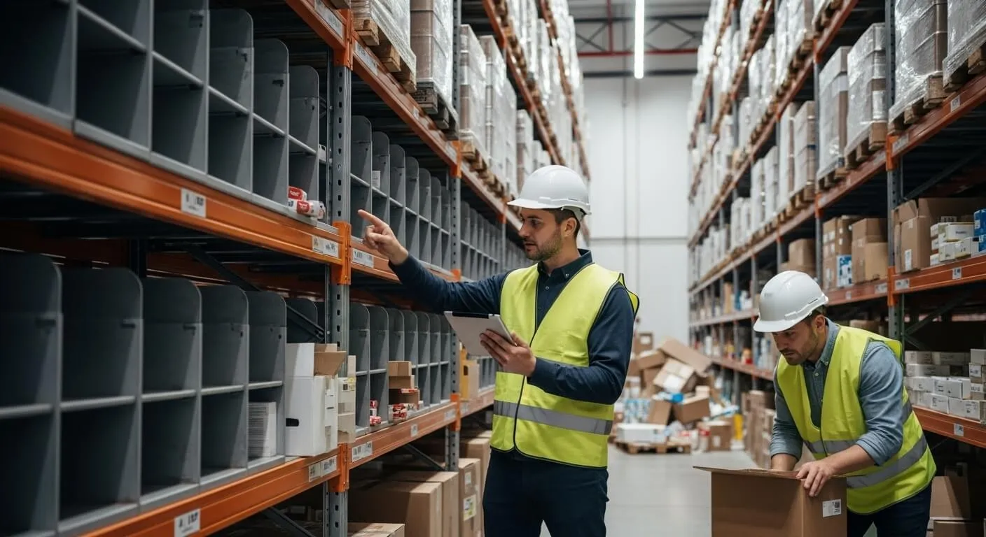 Medewerker die met een scanner de voorraad in een stelling controleert