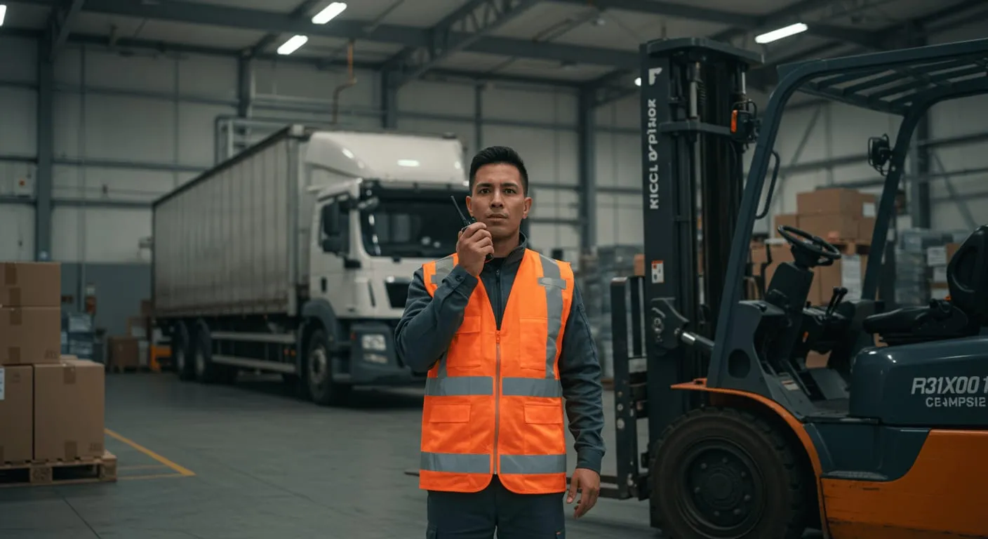 Move coordinator on the radio in front of a loading lorry and a forklift