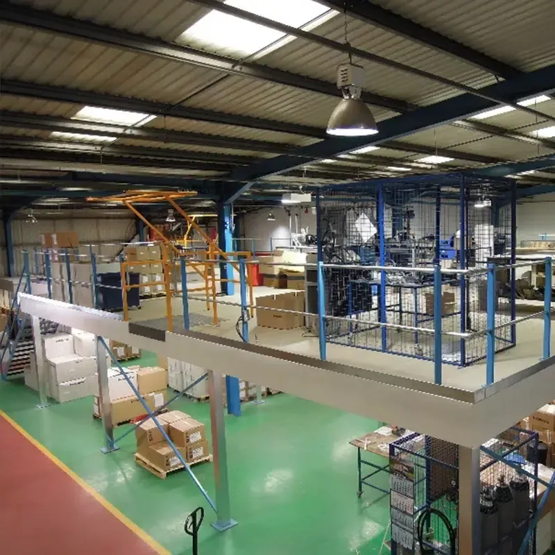 Assembly area laid out on a mezzanine level above a production floor