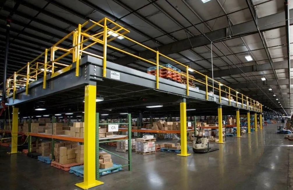 Mezzanine platform built above pallet racking in a distribution centre