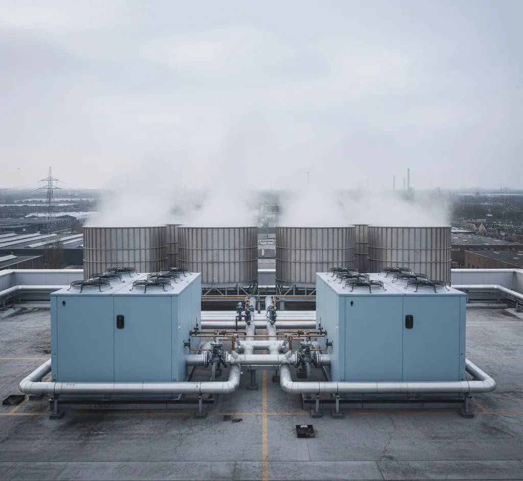 Watergekoelde koelinstallatie met leidingwerk in een technische ruimte