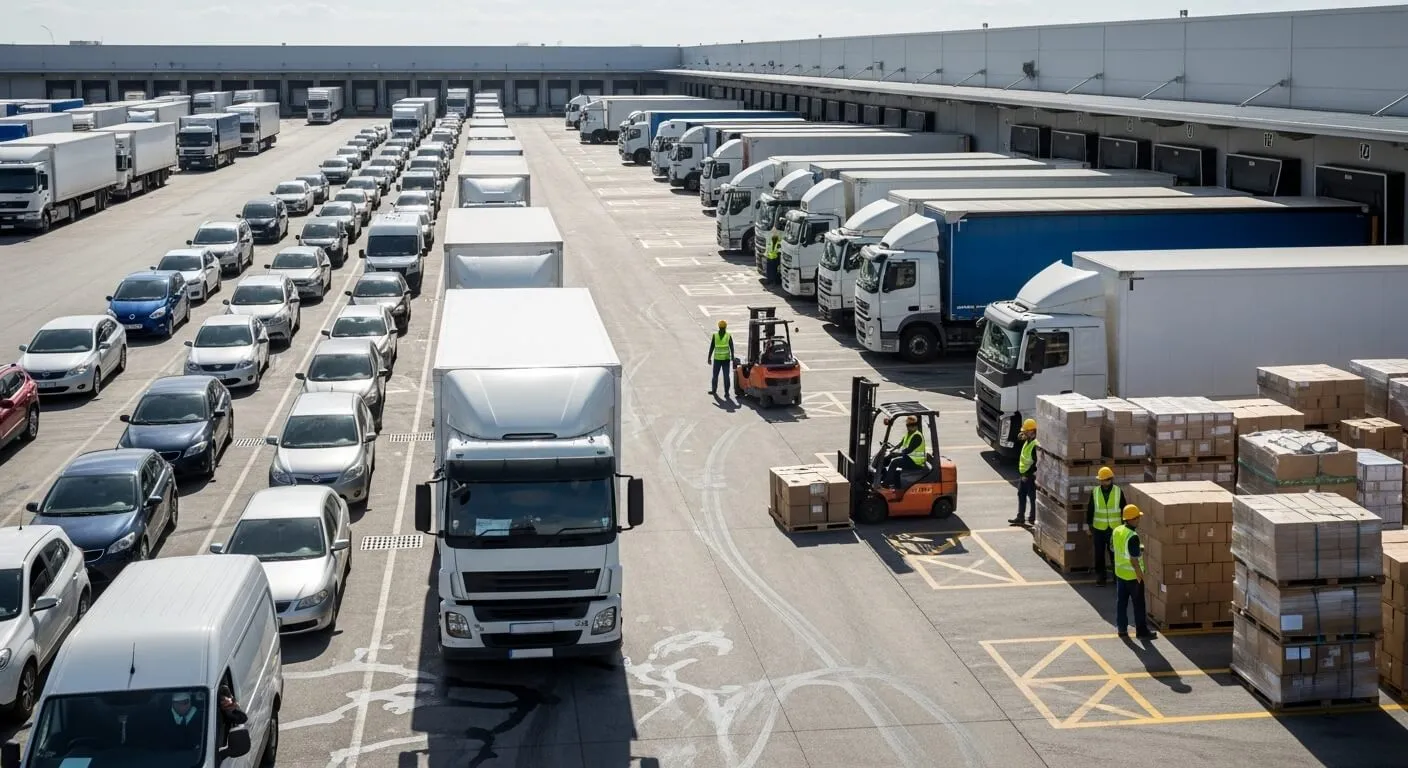 Cour logistique avec des camions à quai et un chariot élévateur en manœuvre entre les palettes